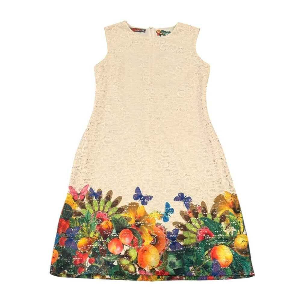 Desigual Cream Lace Mini Dress with Multicolor Floral Border